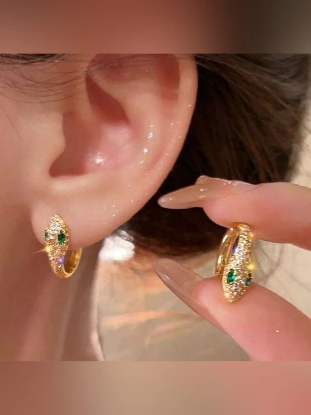 Gold Green Crystal Snake Huggie Earrings | Pave CZ Statement Hoops